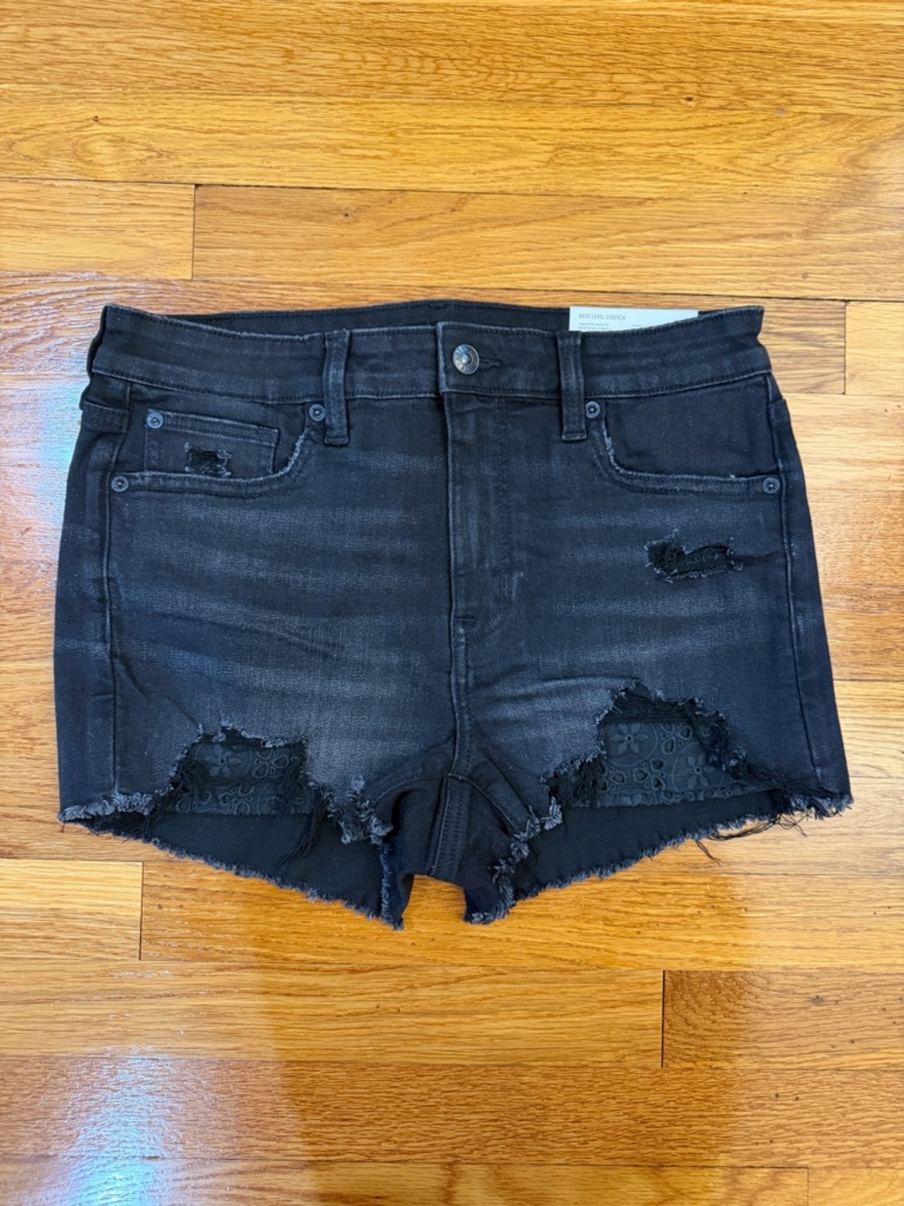 American Eagle High-Rise Shortie Black Denim Distressed Jean Shorts - Size 8 NWT